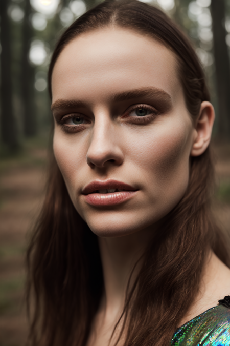 An ethereal female figure with delicate,  enchanted forest, Subsurface scattering, shiny skin, iridescent dress, detailed background, Kitch, voluptuous, large breasts,  close-up, amazing fine detail, Nikon DSLR D850 film stock photograph  f1.6 lens, rich colors, lifelike texture, dramatic lighting, detailed eyes, detailed face, detailed skin, specular highlights, trending on ArtStation, cinestill 800 tungsten <lora:Kitch_Full:0.4> AmericanHeritage-Pos