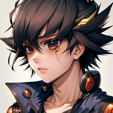 ((masterpiece, best quality)),(complex light),1boy, solo , Yusei Fudo, black hair, simple background,  <lora:yusei_fudo1-10:0.8>