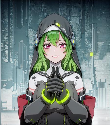 (1girl:1.2),(solo:1.5),masterpiece,best quality,detailed face,highly detailed, best quality, highres, extremely detailed wallpaper,third-party edit,full body,hood,(happy smile:1.2),green hair,looking at viewer,(detailed cyberpunk cityscape background:1.3)
normal hands,normal fingers,perfect hands
<lyco:GoodHands-beta2:1.0> <lora:LyraLV2_V1:0.75>