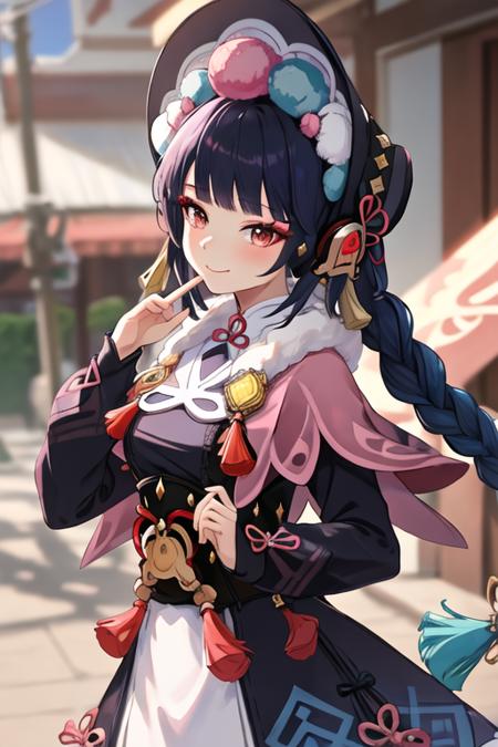 best quality, masterpiece, highres, solo, {yun_jin_genshin:1.15}, bangs, blunt_bangs, long_hair, red_eyes, black_hair, bonnet, smile, capelet, vision_\(genshin_impact\), tassel, pink_capelet, purple_hair, makeup, closed_mouth, 1girl, baseball_cap, hat, headphones, jacket, looking_at_viewer, ribbon, shirt, white_shirt, long_sleeves, neck_ribbon, black_jacket, blurry, blurry_foreground, collared_shirt, depth_of_field, from_side, hair_ornament, hairclip, multicolored_headwear, pink_jacket, pink_ribbon, upper_body, x_hair_ornament