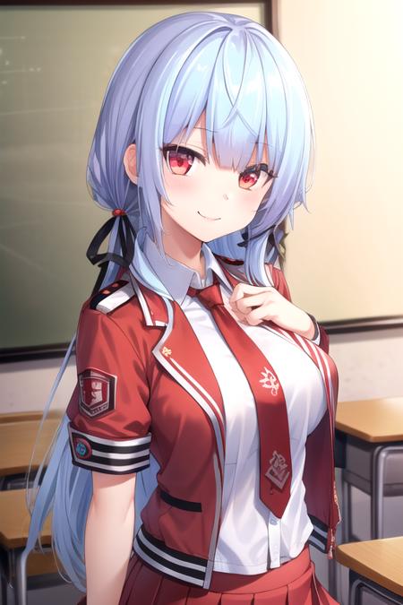 very long hair,blue hair,hair bobbles,hair ribbon,black ribbon,hair ornament,eyes visible through hair,sidelocks,blunt bangs,red eyes cropped jacket,red jacket,open jacket,white shirt,collared shirt,red necktie,short sleeves,large breasts,miniskirt,pleated skirt,red skirt,white thighhighs,loafers