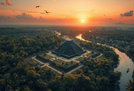 3d, detailed, detailed hands, detailed face, best quality, intricate detail, masterpiece, best quality, amazing quality, very aesthetic, full shot, birds eye view, looking down, view from above, a sprawling jungle, tall trees, rivers branching through the jungle, three pyramids in the jungle, the pyramids are spread apart, the pyramids are black and they are in a clearing, there are granite buildings and structures around the pyramids, there are granite paths connecting the pyramids and structures, there are people walking about, there are pillars that generate light to eliminate the the structures and paths, there are Kunlun Mountains in the distance, there are structures on the mountains, the sun is setting, the sky are shades of orange and pink, there are clouds in the sky, birds are flying over head, the moon is in the sky, boats are on the river with people rowing them, a residential area is visible, an tall buildings are erected throughout the jungle,