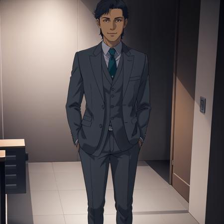 masterpiece,high quality,solo,indoors,
<lora:kennethsleg001:0.7>,looking at viewer, smile, 
kennethsleg,1man,
short hair,black hair,brown eyes,
suit,jacket,collared shirt,necktie,vest,
pants,
shoes,