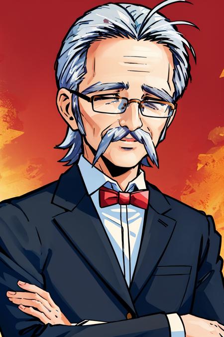 masterpiece, best quality, upper body, cowboy shot, smile
 <lora:zs_Yamaoka:1> yamaokap1, yamaokadef, formal, facial hair, suit, mustache, grey hair, old man, old, glasses, beard, bowtie