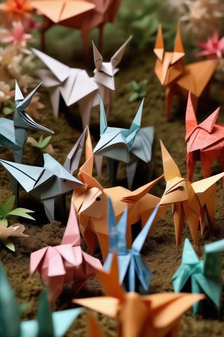 <lora:ORIGAMI:1>ORIGAMI - Design a lush, paper-folded garden inhabited by delicate origami animals, each one imbued with life and personality, living together in harmony within this fragile ecosystem.