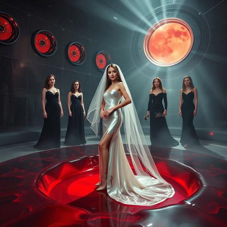 high-society elegant slender norvegian  rich   innocent young bride wearing   glossy silver high heels and glossy transparent slime  high slit wedding gown with matching long veil. She posing  in center of the floor hole, filled with glossy black slime, surrounded by arrogant ladies wearing glamour glossy black evening gowns and glossy high heels, leading her toward  weird glossy red foil breeding  bed, eerie fog that wafts up from the fleshy jelly floor, encased in light beam from the chamber celling, awaiting her alien master, strugging to break free and escape, transparent crystal walls,  colossus observation portholes to outer space full of stars, bright red moon, vintage-inspired makeup, long hairs, ultra thin waist, evil grin, porcelain skin, lipstick, red nails, in the style of a haunting, retro-futuristic 1950s sci-fi nightmare, horror, alien space base,
