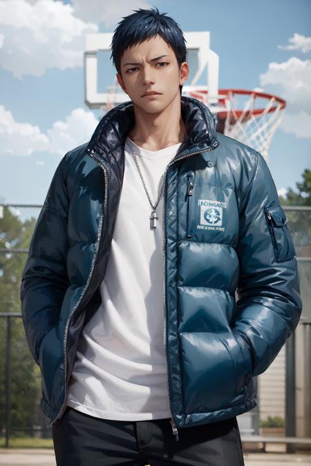 (masterpiece, best quality:1.2), <lora:kb_aomine-10:1>, cowboy shot, solo, male focus, 1boy, aomine daiki, muscular, serious, closed mouth, hands in pockets, dark blue hair, puffer jacket, down jacket, basketball court