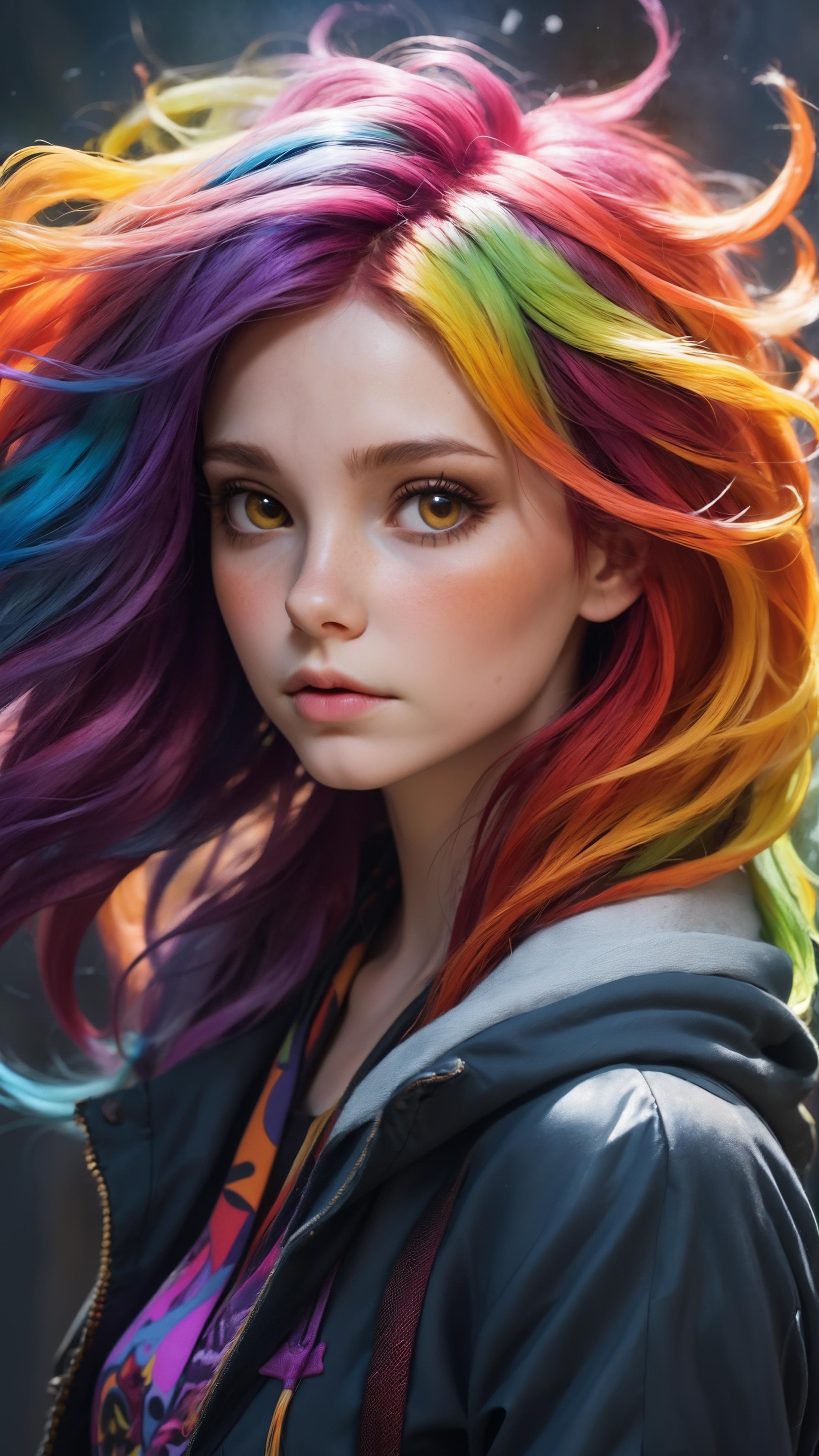 A beautiful young woman with vibrant rainbow hair, wearing a jacket and looking at the camera.