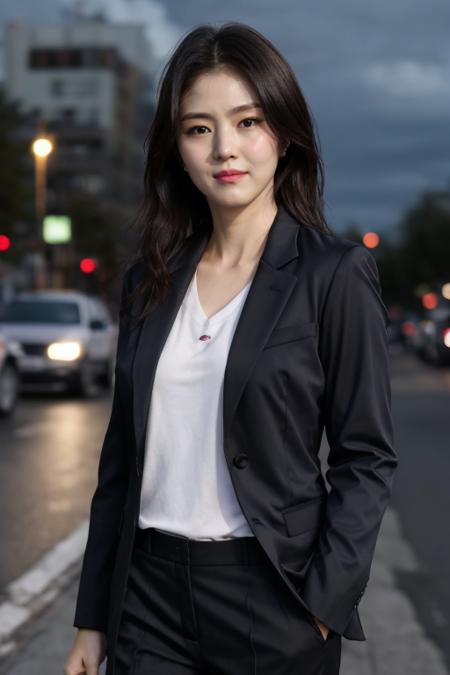 masterpiece, best quality, ultra-detailed, ultra high res, (photorealistic:1.4), raw photo, (realistic:0.2), CG, 8k HDR, perfect lighting, 1girl, solo, looking at viewer, (plain t-shirt, blazer, pant suit), outdoor, (city, busy street), night, scattered cloud, aurora sky, upper body, lower body, asymmetrical short hair, (detailed oily skin), (detailed face), (detailed background :1.1), hands in pocket, cold weather,