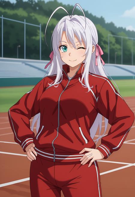 long hair, white hair, antenna hair, aqua eyes, hair ribbon, pink ribbon RossweisseSuit, black suit, black pants RossweisseTrack, track jacket, red jacket, track pants, red pants RossweisseValkyrie, hair ornament, bare shoulders, breastplate, black leotard, gauntlets, faulds, white belt, black thighhighs, greaves