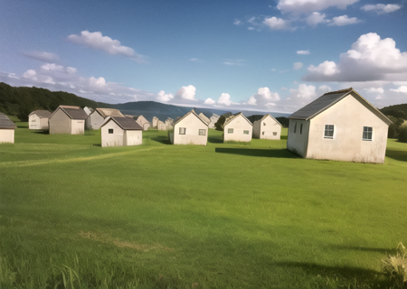 a group of houses in a field with a sky background, <lora:Level94-10:0.65>