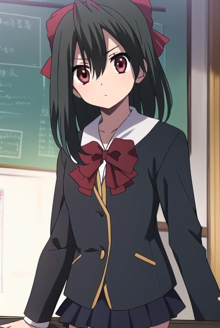 setsunakiyoura, <lyco:setsunakiyoura-lyco-nochekaiser:1>,
setsuna kiyoura, black hair, (red eyes:1.5), hair bow, red bow,
BREAK skirt, thighhighs, bow, school uniform, pleated skirt, shoes, black thighhighs, zettai ryouiki,
BREAK looking at viewer,
BREAK indoors, classroom,
BREAK <lora:GoodHands-vanilla:1>, (masterpiece:1.2), best quality, high resolution, unity 8k wallpaper, (illustration:0.8), (beautiful detailed eyes:1.6), extremely detailed face, perfect lighting, extremely detailed CG, (perfect hands, perfect anatomy),