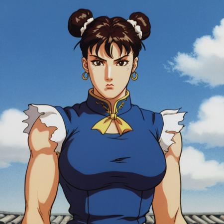 <lora:street fighter style xl v1:0.9>
Chun-Li In 1990's cartoon style a woman with a blue uniform and a white hat, perfect image, perfect body, perfect anatomy, sharp image, detailed image, cinematic cartoon style, high quality cartoon color style, street fighter style, Chun-Li style, closeup, looking mad, solo, brown hair, closed mouth, earrings, sky, hair bun, black eyes, double bun, makeup, frown, chinese clothes, parody, portrait, white ribbon, eyeshadow, bun cover, retro artstyle, 1990s (style), chun-li, looking at viewer, short hair, brown eyes, dress, day, blue sky, china dress, close-up, sweatdrop, film grain, bangs, outdoors, cloud