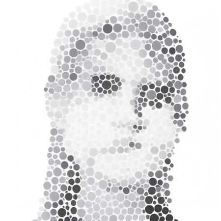 portrait of a girl, long hair, c0b1 <lora:c0b1-000041:0.8>, white background, grey theme, simple background, dots, halftone