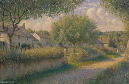 (impressionism:1.15), (bob layzell:1.1), terrace ,hedgerow,orchard , scene painting,a painting,scenery,