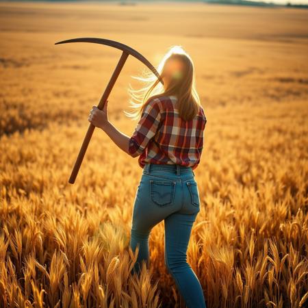 A young woman in her 20s wielding a traditional sickle in a vast golden wheat field, American countryside. Strong afternoon sunlight casts long shadows, wearing faded blue jeans and working actively. Wide-angle shot emphasizing the expansive autumn landscape, photorealistic style, crisp details, warm color palette. Backlighting creates a sun-kissed silhouette, dust particles catching light