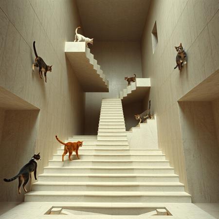 photograph of a surreal impossible construction in the style of M.C. Escher with cats walking on walls and stairs in multiple direction without gravity, the image has no sense of up down left and right, feline walk on the walls celing and under stair