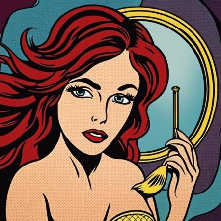 popart, Beautiful mermaid with dark red hair, holding a mirror