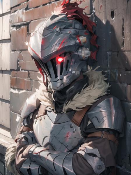 <lora:GoblinSlayer0:0.9>, high quality, best quality, masterpiece, solo, 1boy, goblin slayer, armor, helmet, glowing eye, plume, fur collar, against wall, crossed arms, looking at viewer, village