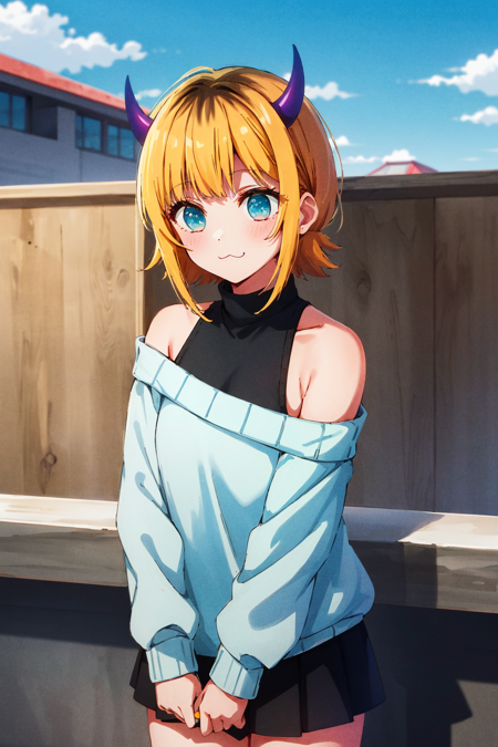 masterpiece, high quality, highres, memcho,  <lora:memcho:0.8>, outdoors, cowboy shot, black skirt,  shirt, off shoulder, off-shoulder sweater, (light blue sweater:1.2), (tiny horns), (:3:1.2), sleeveless shirt, high neck sleeveless shirt, black shirt, sweater, sweater sleeves past wrists,