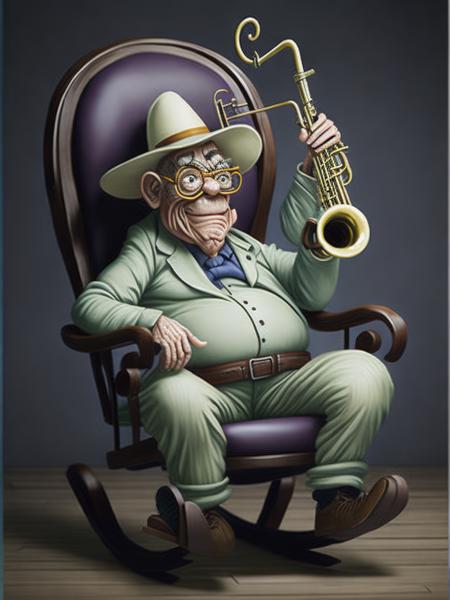 <lora:Dixit:1>a painting of an old man sitting in a rocking chair with a trumpet