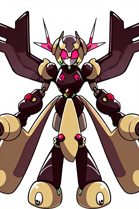 solo digital image of a humanoid robot (medabotV1) with halo horns, no mouth and sharp angular body and wings with 2 arms, 2 hands, 2 legs, and glowing parts, looking at viewer in full view with a random pose, symmetrical body, symmetry, white background, simple background, 