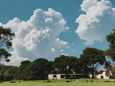 outdoors, scenery, sky, (bright cloud), day, grass, blue sky, tree,building   ,<lora:cloud-0000010:0.8>