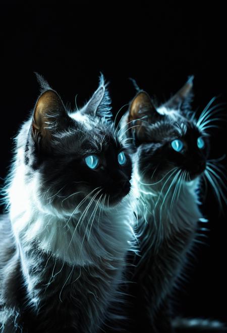 white and black cats, close, sensual, dark background, bioluminescent, 8k, F2.8, RAW Photo, ultra detailed,  <lora:xl_more_art-full_v1:0.5> <lora:Bio-Luminescence:1>