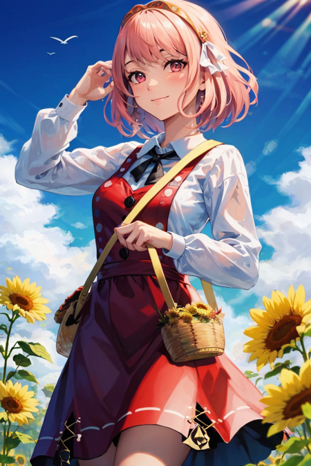 (highly detailed:1.3),
lapis_cas, looking at viewer, blush, smile, closed mouth, white shirt, flower, outdoors, sky, day, puffy sleeves, collared shirt, cloud, bag, dated, blue sky, hands up, red dress, sunlight, puffy long sleeves, handbag, shoulder bag, yellow flower, sunflower, basket, pinafore dress,
Ultra-detail,(highres:1.1),best quality,(masterpiece:1.3),cinematic lighting,
(highly detailed face and eyes:1.3), <lora:Lapis_def:0.6>