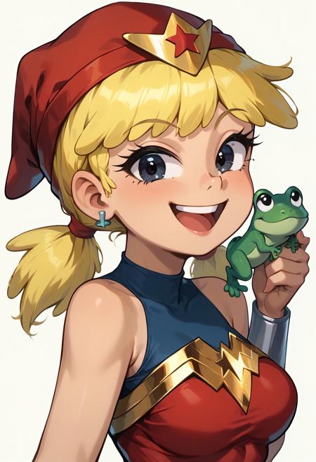 score_8_up, score_7_up, Lana Loud, 1girl, solo, cute, upper body, standing, grin, smile, open mouth, top teeth only, looking at viewer, <lora:Lana_Loud1-10_3:0.8>, tomboy, blonde hair, pigtails, red headwear, missing tooth, black eyes, posing, wonder woman cosplay, bare shoulders, tiara, earrings, medium breasts, jewelry, leotard, white background, simple background, hip sway, wide hips, hand up, holding frog, small green frog, flat color, sideview,