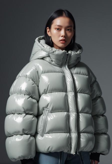 a well lit fashion shoot portrait of extremely beautiful female wearing massively over size puffer jacket by craig green, dingyun zhang, yeezy, balenciaga, vetements, sharp focus, clear, detailed, , cinematic, detailed, off white, glamourous, symmetrical, vogue, editorial, fashion, magazine shoot, glossy