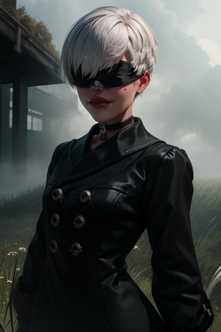 Yorha white hair,black blindfold,short hair,black choker,covered eyes,lips,mole under mouth,  standing, upper body,  smile, 
Ygear, black gloves,long sleeves ,black footwear, black shorts, black socks,black jacket,buttons,
deserted school yard, fog,  grass, 
(insanely detailed, beautiful detailed face, masterpiece, best quality)    <lora:Yorha9s:0.7>