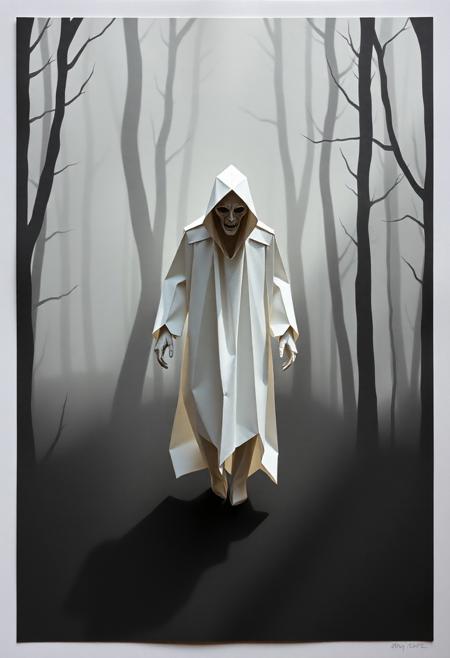 A ghost, sinister and sharply defined, walks a foggy forest in an intricate origami style, reminiscent of Guy Billout. Strong, hard light casts direct, harsh shadows on folded paper, highlighting geometric precision.