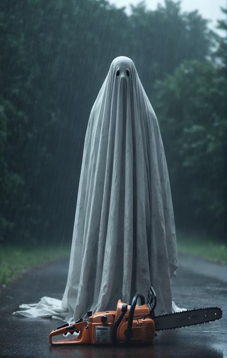 sheetghost person (holding a chainsaw in a heavy rainstorm :1.7) , dangerous and spooky. Horror film style. . . <lora:SheetGhost SDXL LoRA - Trigger with Sheetghost Person:1>