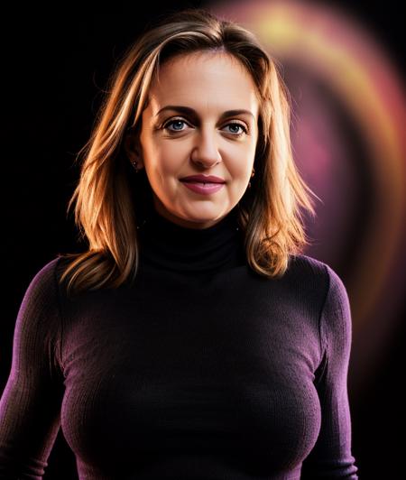 <t1f001a3>,  ((Black background)), close portrait photo, Spectacular light, 8k, soft lighting, high quality, breast, upper body, smile, Black background, (Turtleneck multicolor), Turtleneck multicolor, intricate, artist 