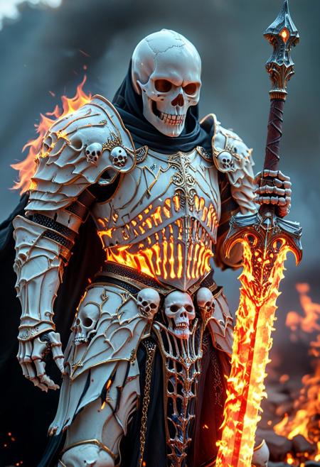 8k , high resolution , masterpiece , Highest Quality , Very Detailed , solo , standing , 1 skeleton paladin , paladin , full armor , skull on fire , red fire , claymor on back , give_me_your_buzz_or_die ,