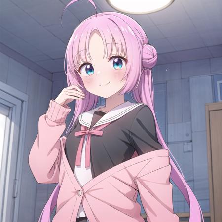 long hair,blush,pink hair,school uniform,serafuku,sailor collar,hair bun,bangs,double bun,shirt,ahoge,black shirt,white sailor collar,long sleeves,cardigan,pink cardigan,blue eyes,parted bangs,very long hair,sidelocks,ribbon,off shoulder,twintails,skirt,neck ribbon,white skirt