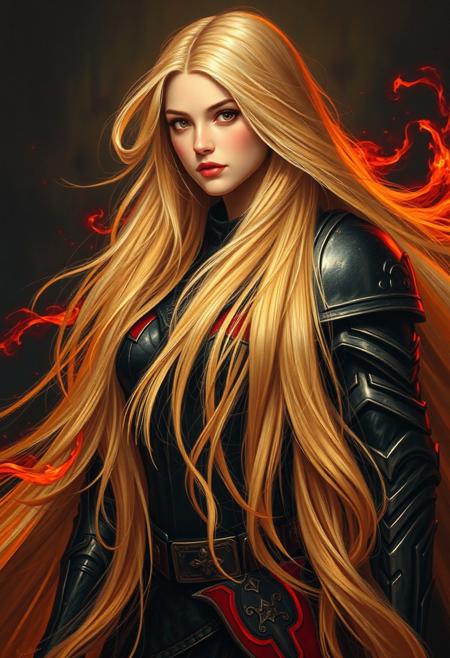 A blonde woman with long hair wearing black and red armor, flowing in the wind like flames of fire, in the style of Alex Alemany. This fantasy art style painting features high detail, high resolution, perfect details, perfect colors, a dark background, cinematic lighting, a beautiful composition, detailed, high definition, sharp focus, intricate details, hyper-realistic, super detailed, very professional, and very smooth
extremely long hair, 100-feet of hair, super long hair, real rapunzel, rapunzel, rapunzel long hair, hair fetish, hair job, Dreamgirl, Goddess, gorgeous, amazing hair, longest hair, perfect hair, longest hair ever, hairstyles, hairstyling, hair, Debra Jo hair, extreme hair, extreme long hair, extremely long hair, Debra Jo, extreme longest hair, voluminous hair, thick and luxurious hair which is hangs to the floor and covers it. Her expression radiates confidence as she shows off her thick, luscious locks. super thick soft luxurious long lush sleek heavy voluminous cascading pendulous ultra silky pendulous shampoo commercial hair dragging the ground, around her on floor, hair piles behind her on floor