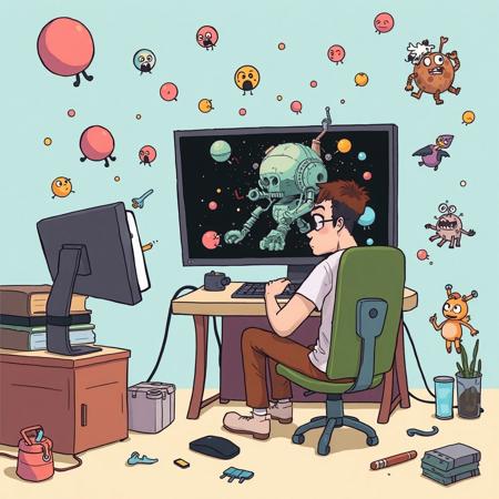 A frustrated artist sitting at a computer, looking at a bizarre AI-generated image on the screen, surrounded by floating, abstract shapes and surreal characters, hinting at the unpredictable quality of Kling, colorful and humorous, cartoonish style.
