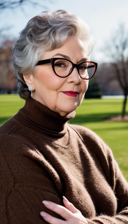 score_9, score_8_up, score_7_up, , score_6_up, score_5_up, score_4_up, source_photo BREAK photo of Myra ROTH, granny, bbw, huge breasts, brown high neck sweater, cat-eye glasses, looking at viewer, flirty, public park, winter, portrait