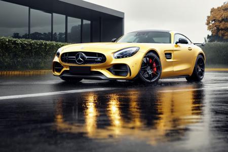 a frontal shot of sports car(mercedes_amg_gt_v1-3600:1.0) in yellow, on a wet parking lot, with a building behind it,  modelshoot style, (extremely detailed CG unity 8k wallpaper),unreal engine, 75mm lens,  High Detail, Sharp focus, dramatic,rainy day, rule of thirds,