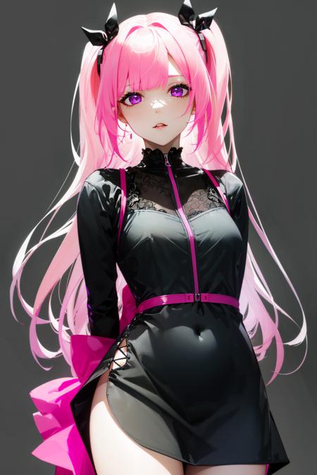 1girl, pink_hair, two side up, small breasts, ribbon, cowboy_shot, arms behind back, black dress <lora:style_AGM:1>