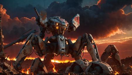 8k wallpaper, masterpiece,Cinematic Lighting, best quality,Illustration,detailed face depiction,dramatic angle,solo,
mecha \\\(flegs\\\), 1980s \(style\),broken,old,broken parts,dirty,dusk, robot, mecha, no humans, science fiction, (realistic:1.2), weapon,sunset,fire cloud,orange theme,realistic,