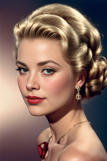 GraceKelly, a woman with bright red lipstick, in a dress, posing for a picture with her hair up and a bow in her hair, Alfred Eisenstaedt, head and shoulders portrait, mannerism