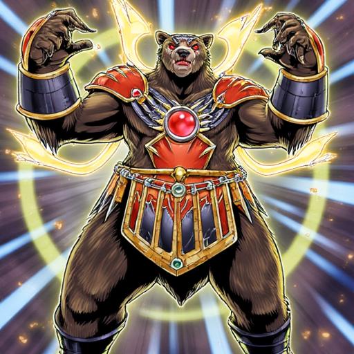 This is a highly detailed digital illustration in a fantasy art style. The central figure is a towering, anthropomorphic bear standing in a powerful, triumphant stance. The bear is muscular and imposing, with dark brown fur covering its body. Its eyes are glowing red, adding an intense and fierce aura to its expression.  The bear is adorned in elaborate, golden armor and s eyes are sharp and focused. The character is dressed in an elaborate, armored outfit. The armor is a combination of golden and dark colors, with intricate, geometric patterns and sharp, angular edges. The chest plate is adorned with a large red jewel, and the shoulders have ornate, red and gold accents. The character's arms are muscular and covered in armor, with metallic gauntlets. The background is a dynamic, radiant burst of light, suggesting an aura or divine presence.