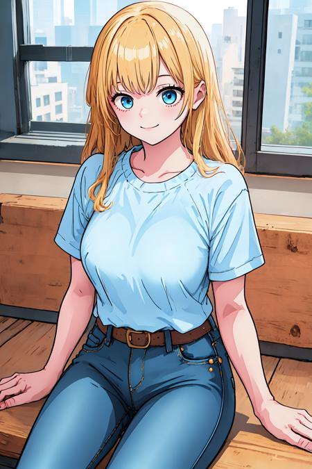 hoshino_shia, blue eyes, blonde hair, long hair, low twintails, school uniform, blue necktie, collared shirt, white shirt, short sleeves, pleated skirt, 