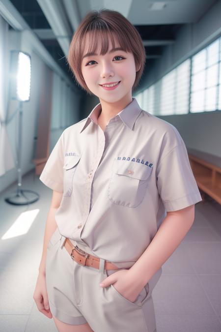 best quality,1gril,shirt, solo, 8k uhd, film grain, (studio lighting:1.2), (Fujifilm XT3), (photorealistic:1.3) , (detailed skin:1.2),beautiful detailed sky,(nose blush),(smile:1.15),(closed mouth),(short hair:1.2), full body,putintheking,student,((gaygaygay))