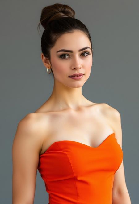 close up shot, front view of a woman wearing an orange fit dress, bare shoulders, bare neckline,  bun hairstyle, grey background