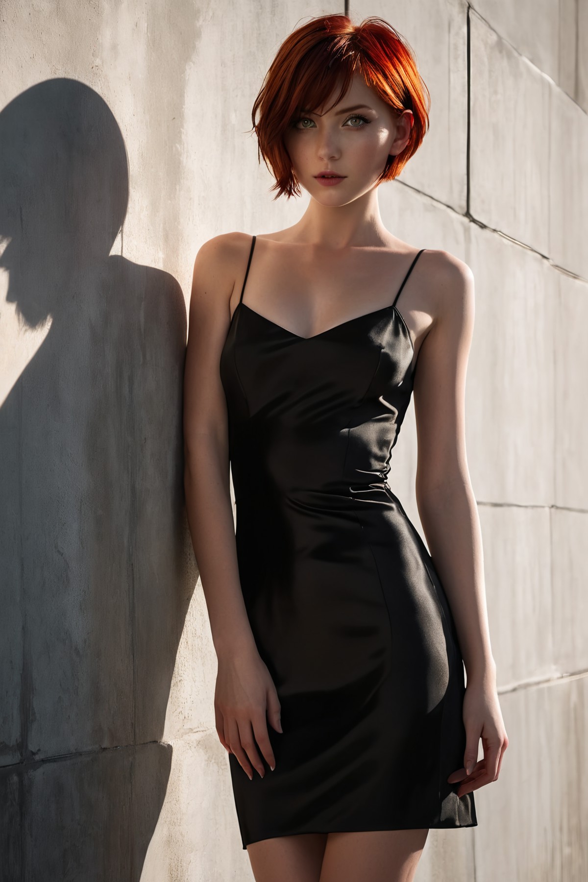 1 beautiful girl, details red eyes, short red hair, cool pose, concrete wall, slim body, small breasts, black satin sleeve...