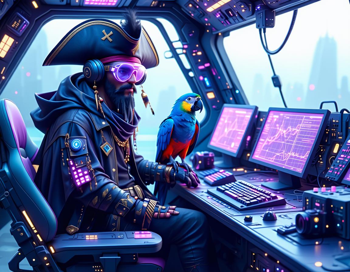 a cyberpunk pirate on the bridge of a spaceship, computer consoles behind him, futuristic electronics, parrot, camera eye